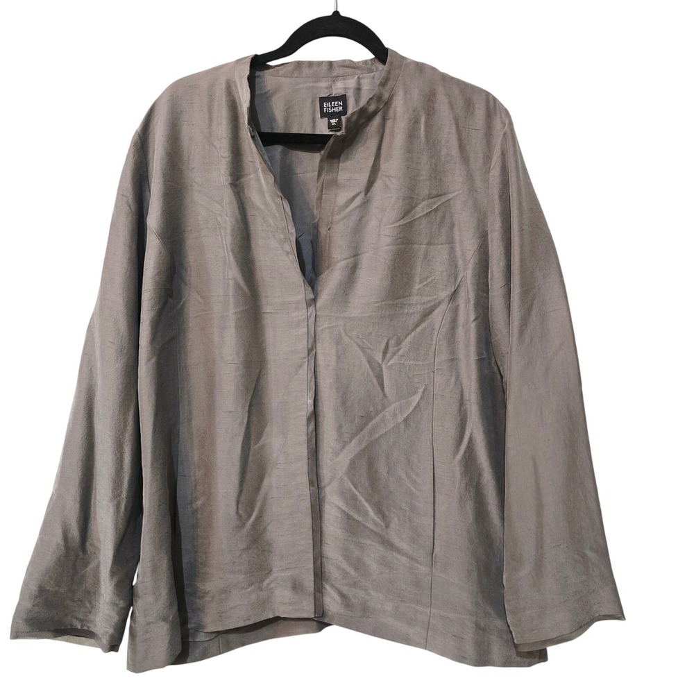 Eileen Fisher XL Grey Silk Stand Collar Hook Eye Boxy Jacket Minimalist Blazer